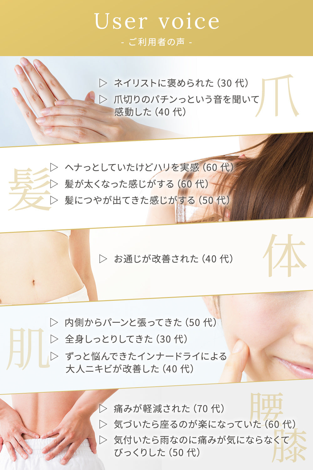ご利用者の声:ネイリストに褒められた(30代)/神につやが出てきた感じがする(50代)/お通じが改善された(40代)/全身しっとりしてきた(30代)/気づいたら座るのが楽になっていた(60代)