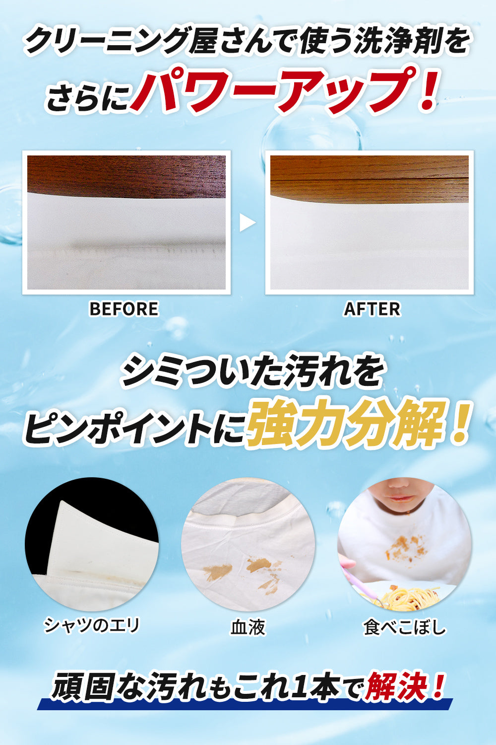 クリーニング屋さんで使う洗浄剤をさらにパワーアップ!シミついた汚れをピンポイントに強力分解!