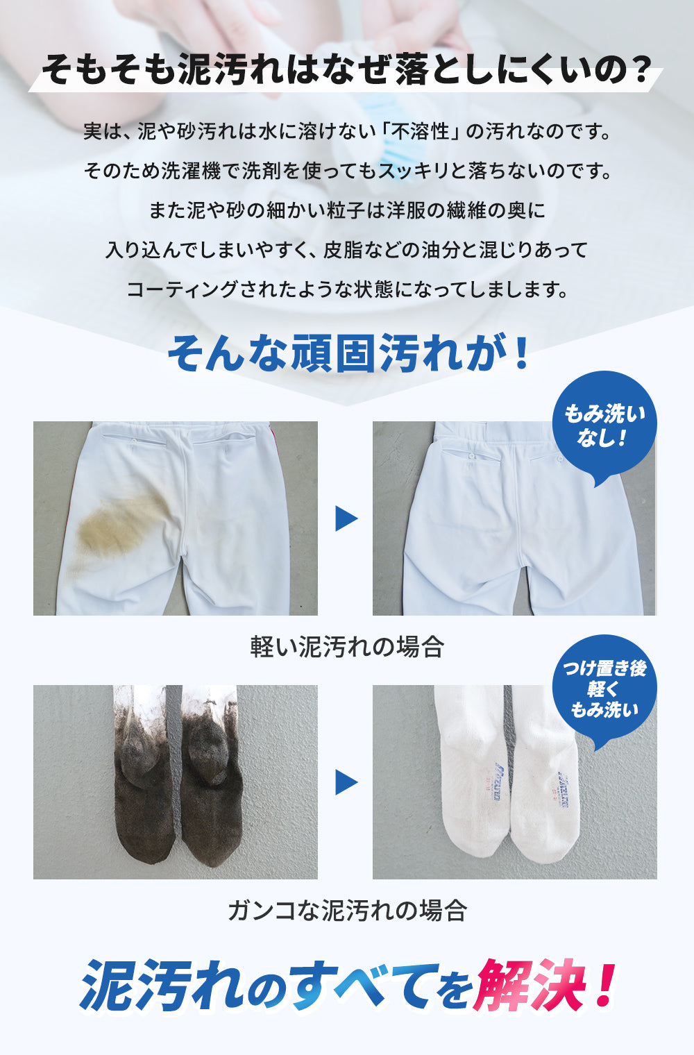 そもそも泥汚れが落ちにくいのは、水に溶けない「不溶性」の汚れだから。そんな頑固な汚れをすべて解決!